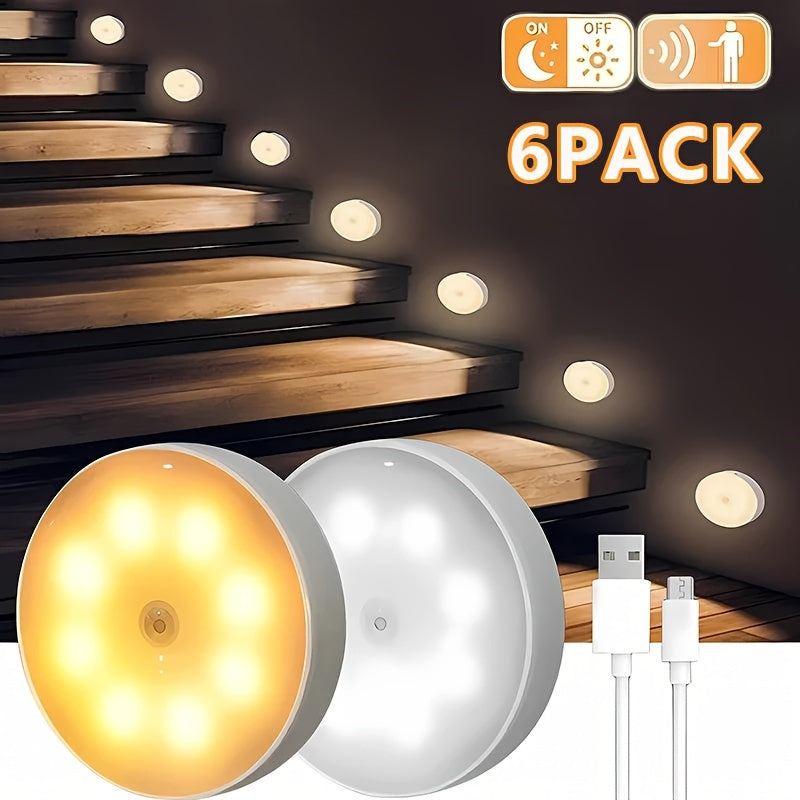 6 Lámparas LED Recargables USB con Sensor de Movimiento, Magnéticas y de Doble Luz (Blanco Frío/Cálido) para Escaleras, Closets, Dormitorios y Más