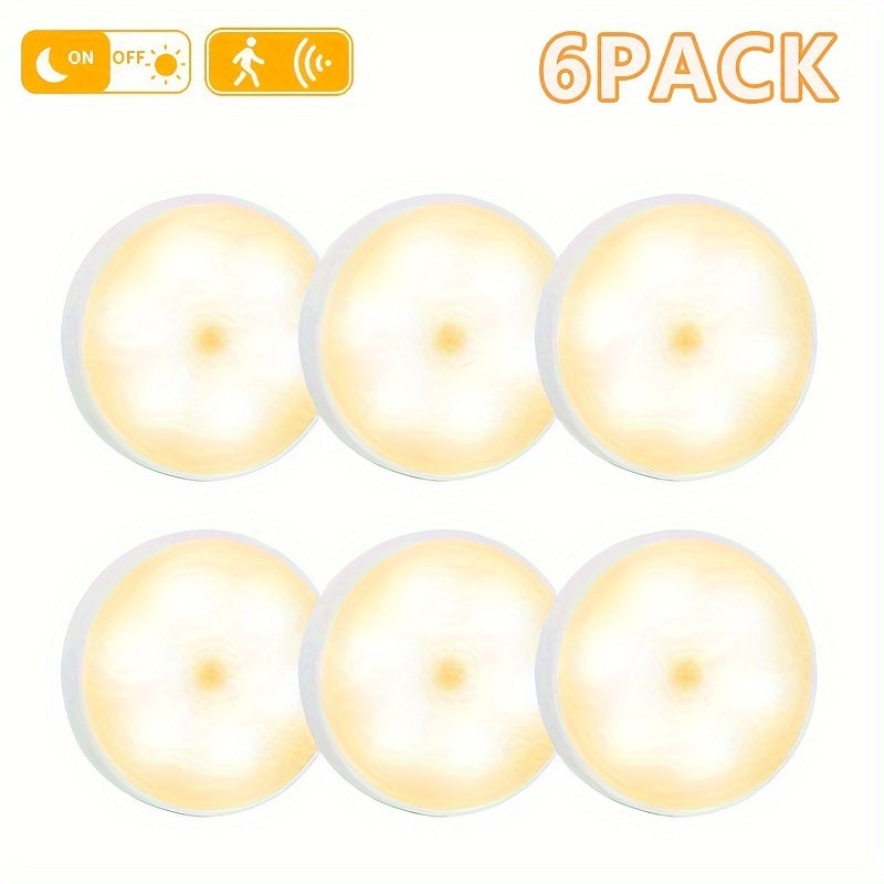 6 Lámparas LED Recargables USB con Sensor de Movimiento, Magnéticas y de Doble Luz (Blanco Frío/Cálido) para Escaleras, Closets, Dormitorios y Más
