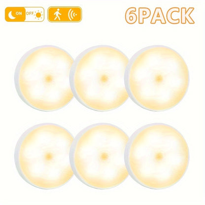 6 Lámparas LED Recargables USB con Sensor de Movimiento, Magnéticas y de Doble Luz (Blanco Frío/Cálido) para Escaleras, Closets, Dormitorios y Más